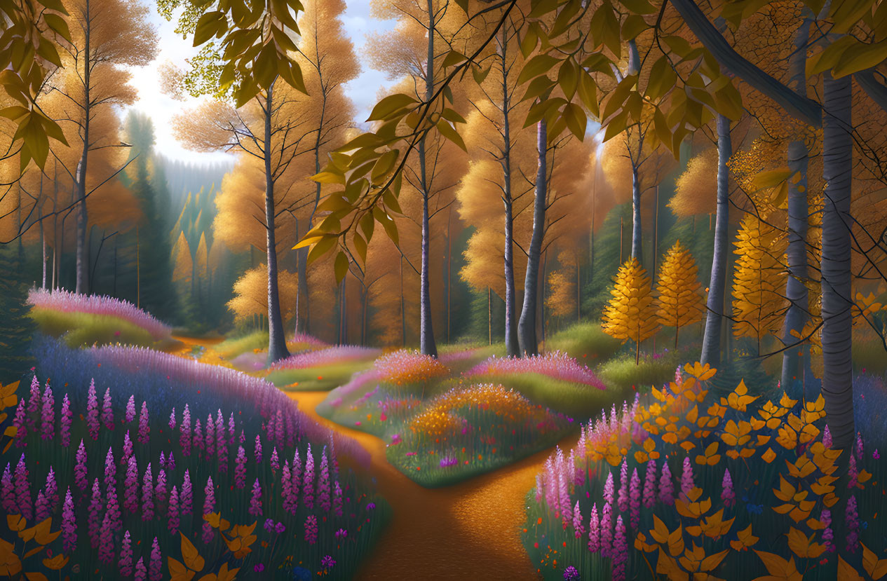 Golden sunlight illuminates vibrant autumn forest with colorful trees and purple flowers