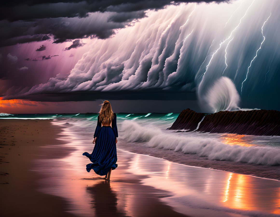 Woman in Blue Dress Walking on Beach Towards Dramatic Storm