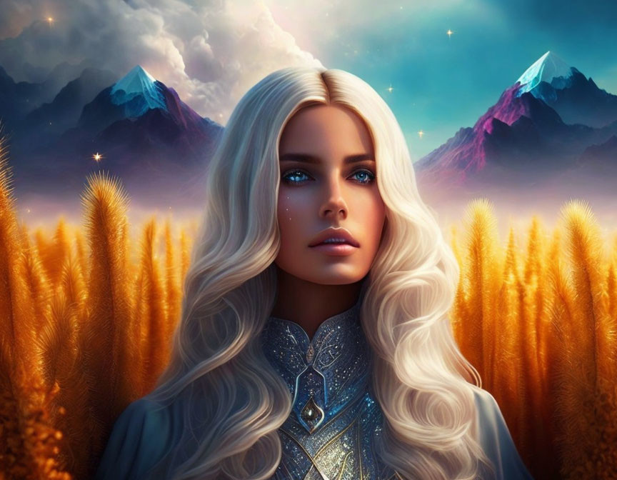 Blonde Woman Portrait in Fantasy Landscape with Wheat Fields and Mountains