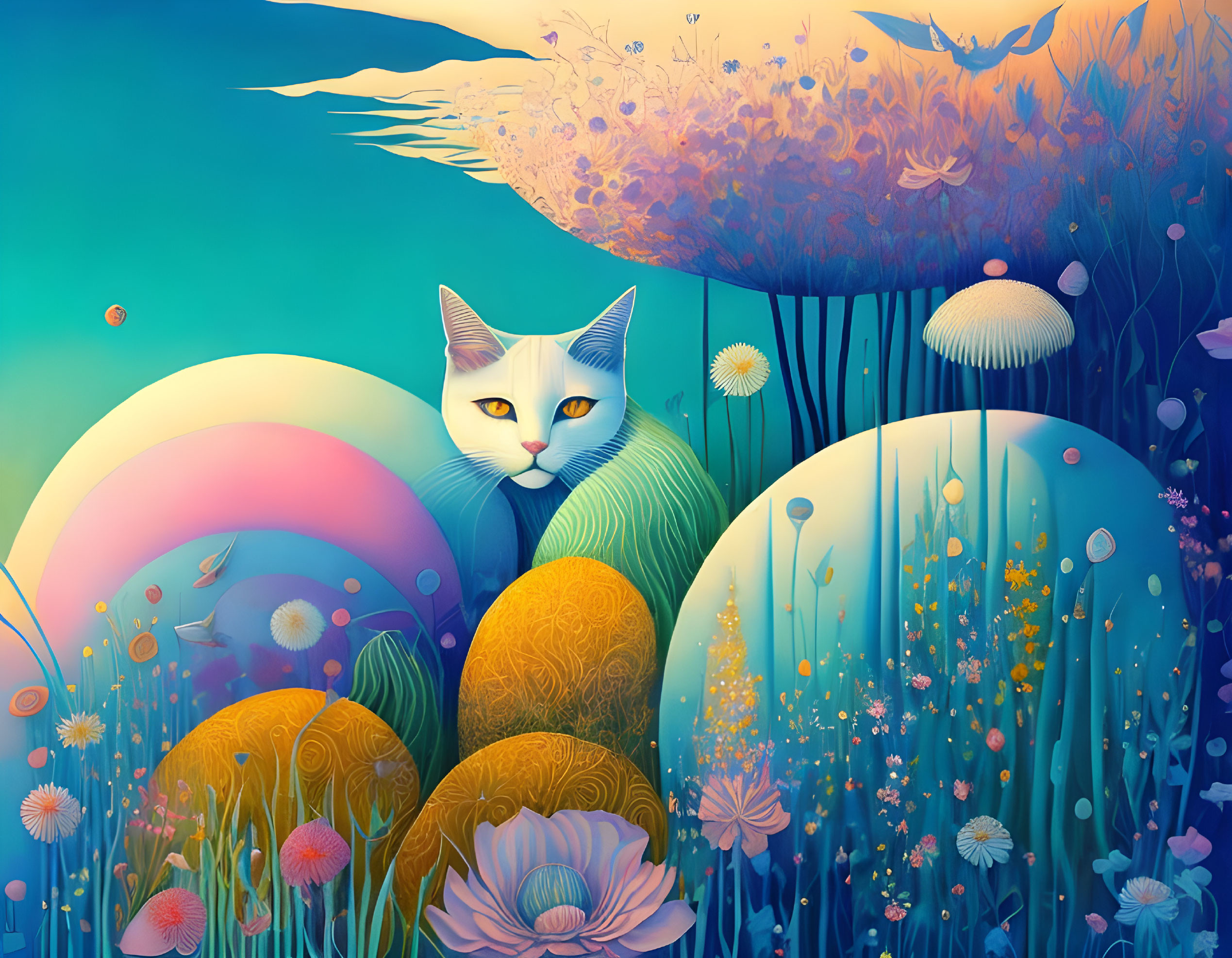 Colorful artwork featuring cat, rainbow, flora, and jellyfish in dreamy scene