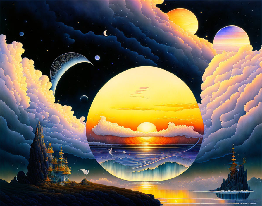 Surrealist landscape with multiple moons, sunset reflection, whimsical clouds