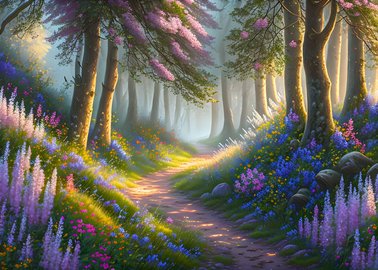 Tranquil Forest Pathway with Vibrant Flowers and Majestic Trees