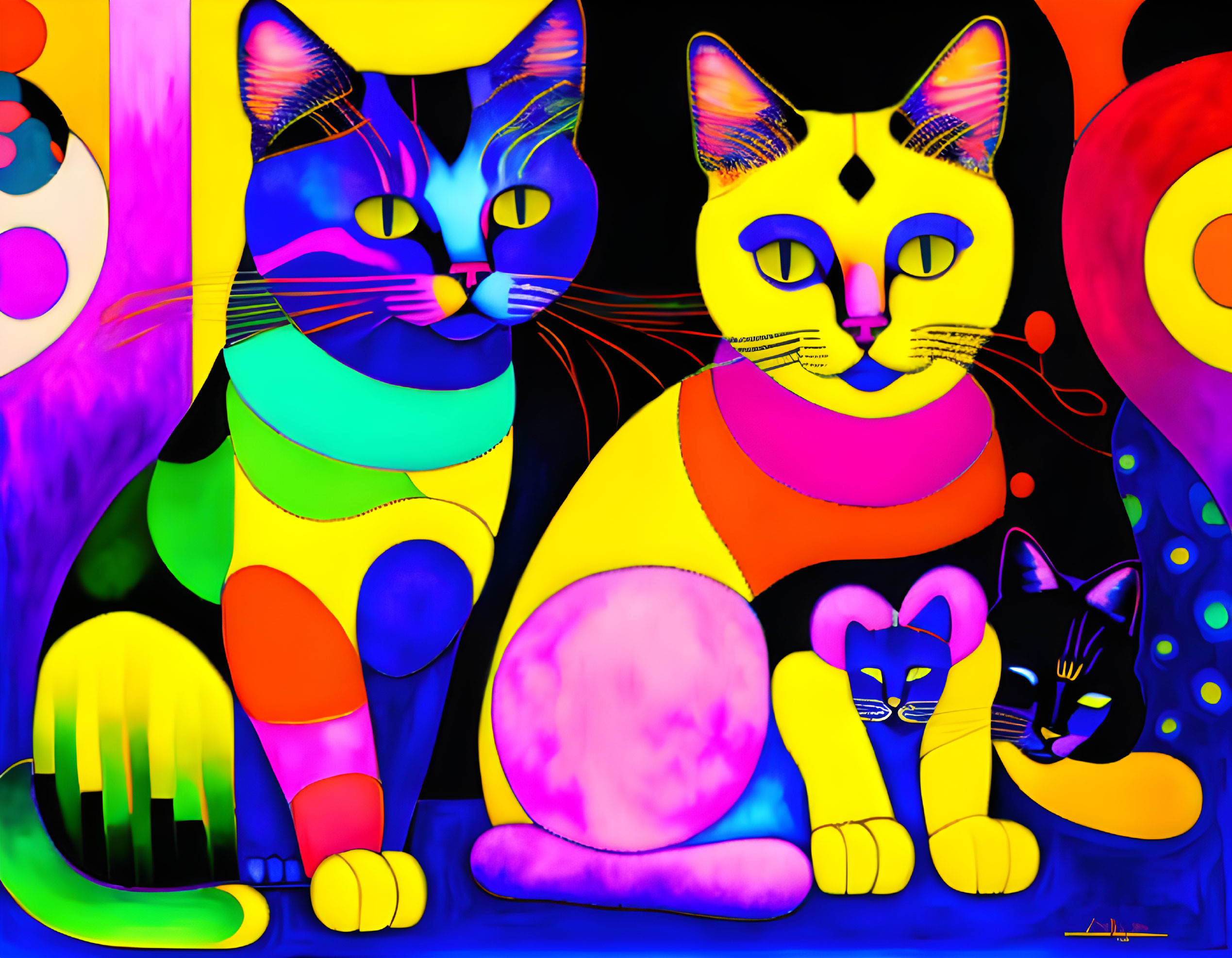 Colorful Stylized Cats Artwork on Dark Background