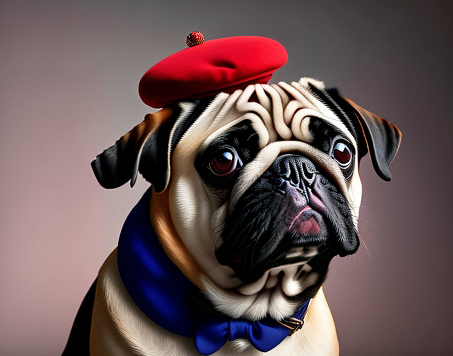 Stylized portrait of pug dog in red beret and blue scarf