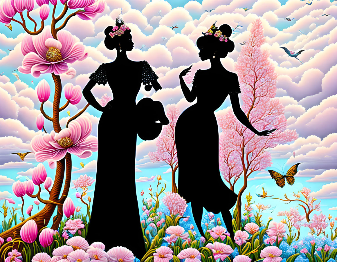 Silhouetted female figures in colorful nature scene with birds and butterfly