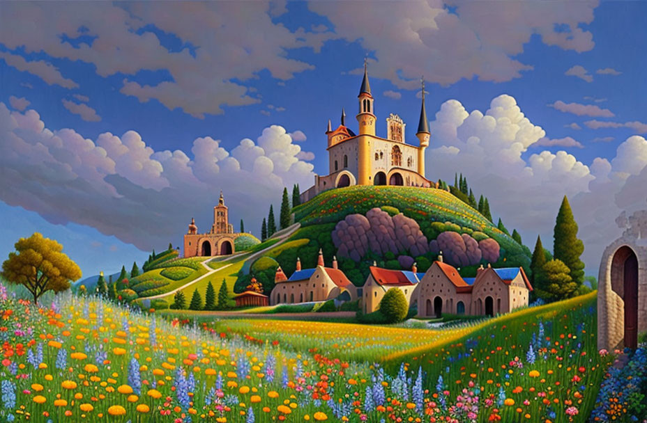 Colorful landscape with castle on green hill and flower fields