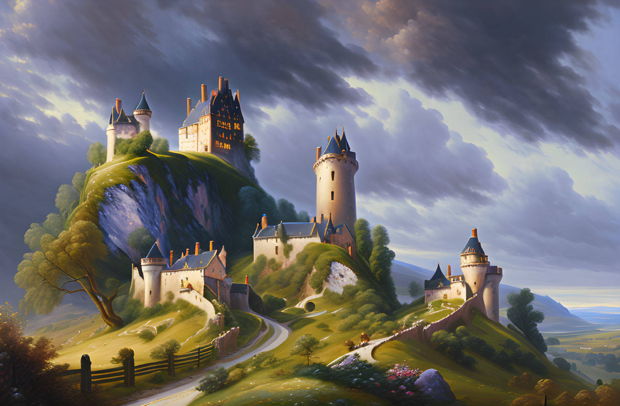 Majestic castle on hill with spires in fantasy landscape