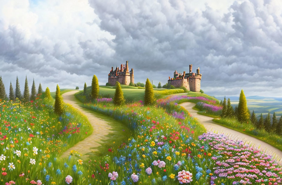 Scenic landscape: castle on hill, flower fields, cloudy sky