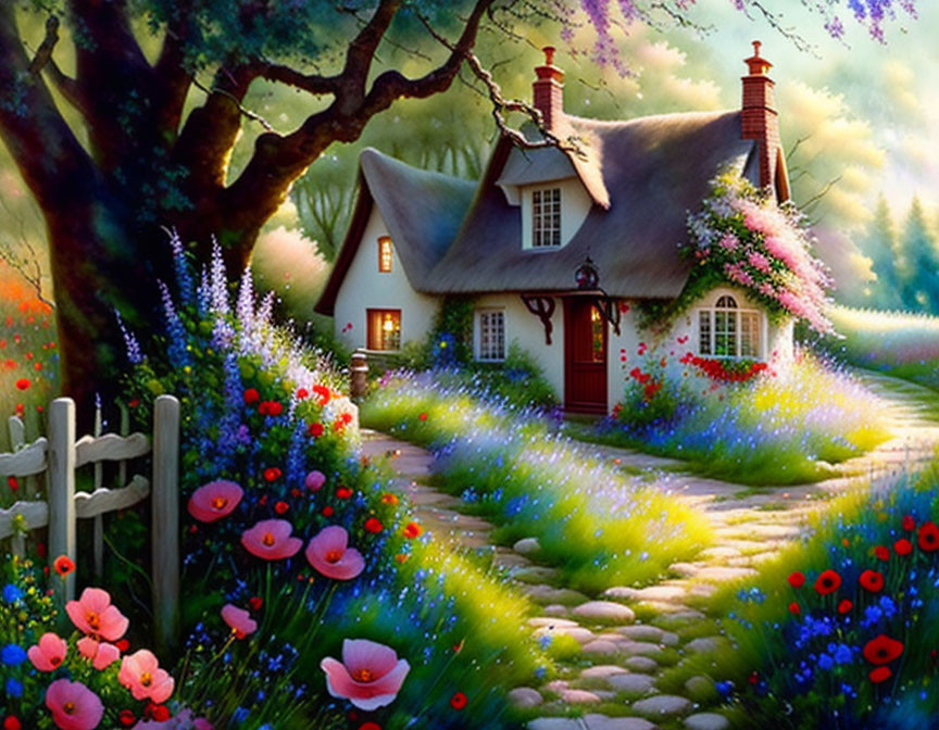 Red-roofed cottage surrounded by flowers, tree, stone path, under purple sky