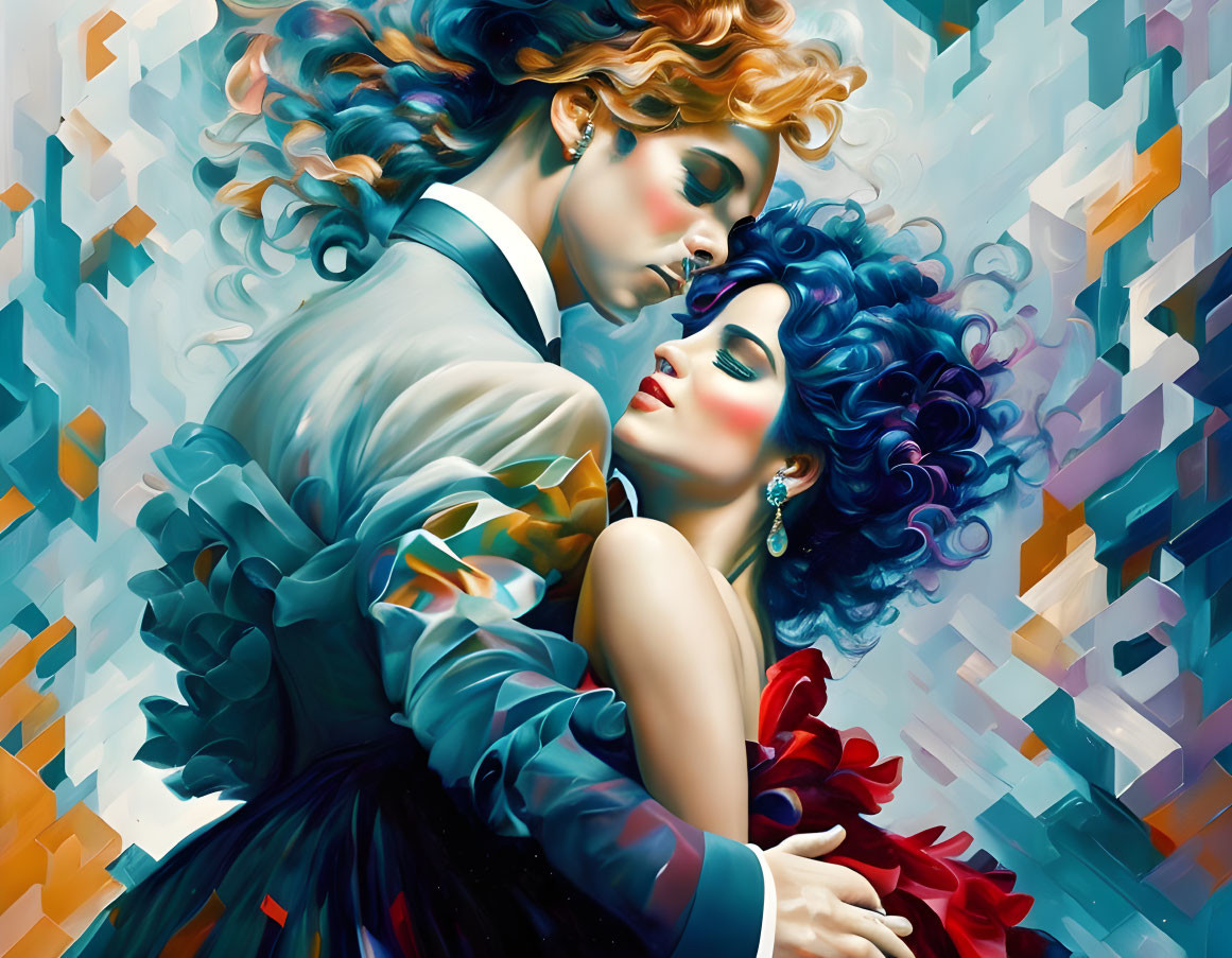 Romantic Couple Embracing in Blue Suit and Red Dress with Abstract Colors