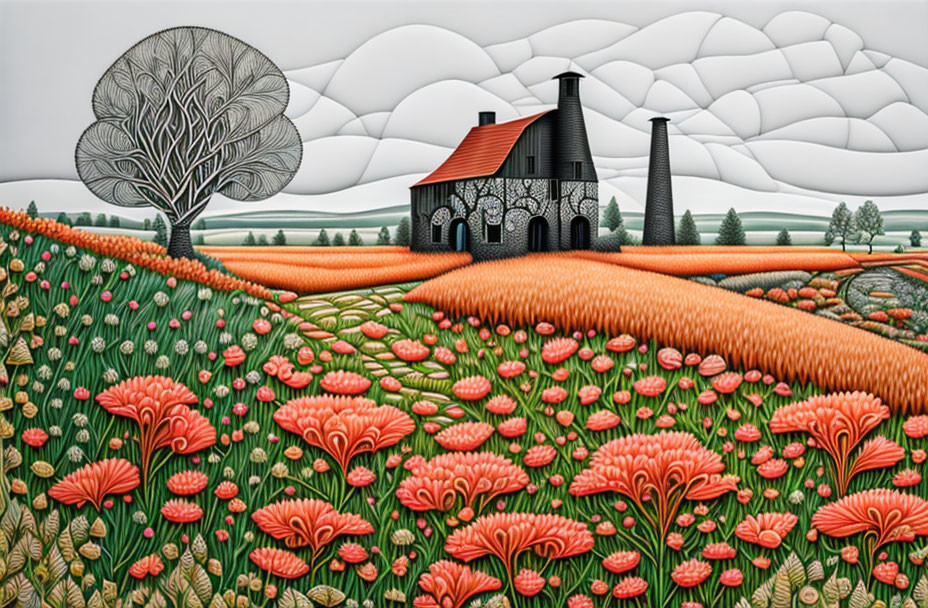 Stylized artwork of house with smoking chimney in vibrant fields