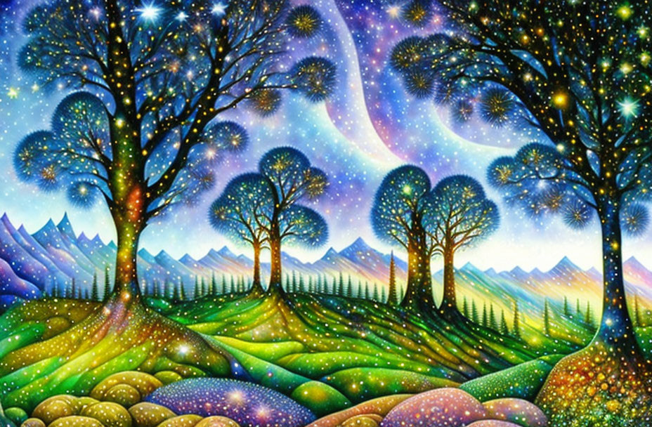 Colorful Landscape Painting of Starry Night Skies and Trees