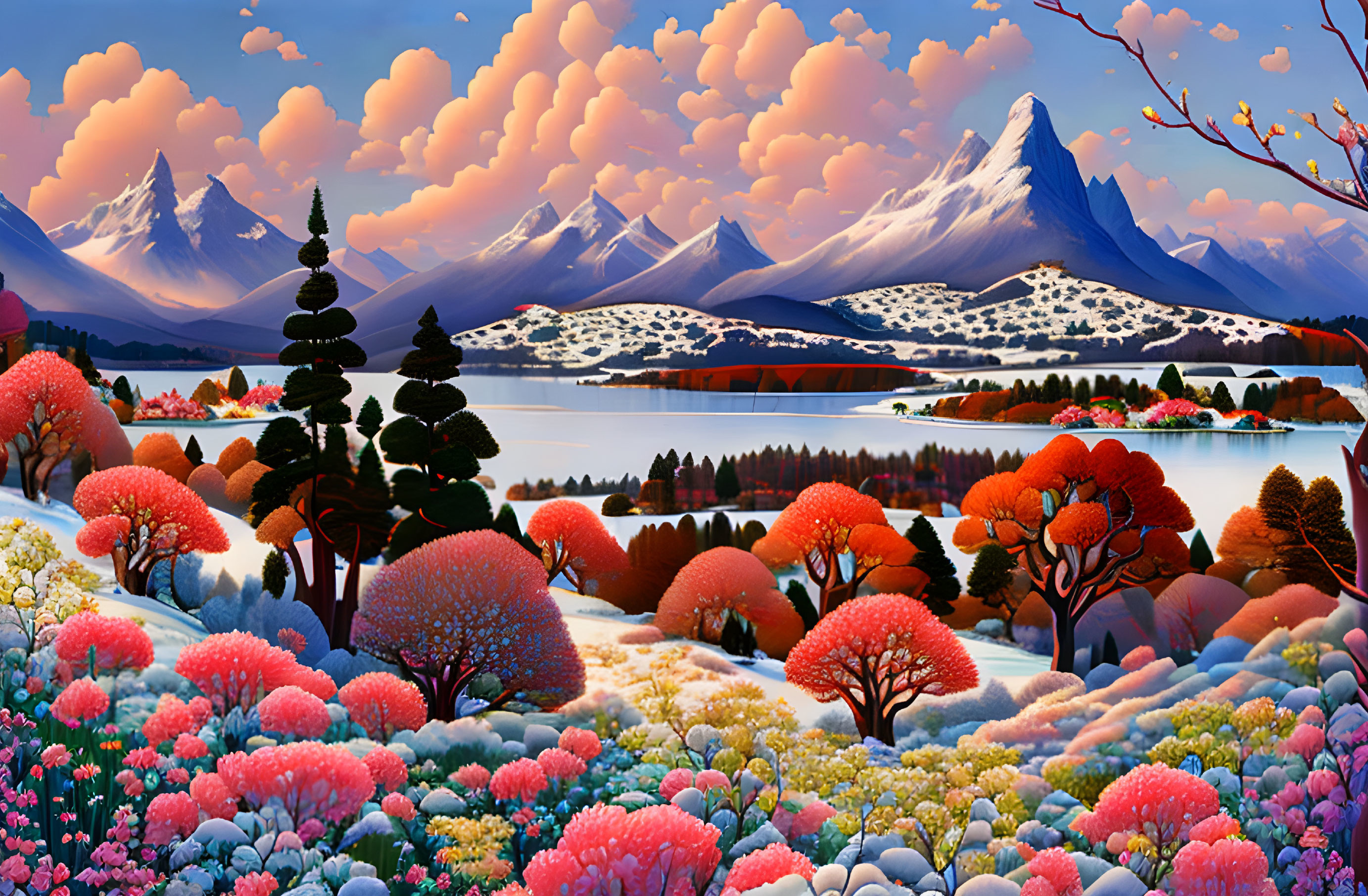 Colorful landscape with snow-capped mountains, serene lake, and blossoming trees.