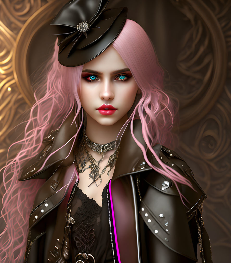 Illustrated Female Character with Pink Hair and Bold Red Lips in Studded Jacket and Black Hat Against Orn