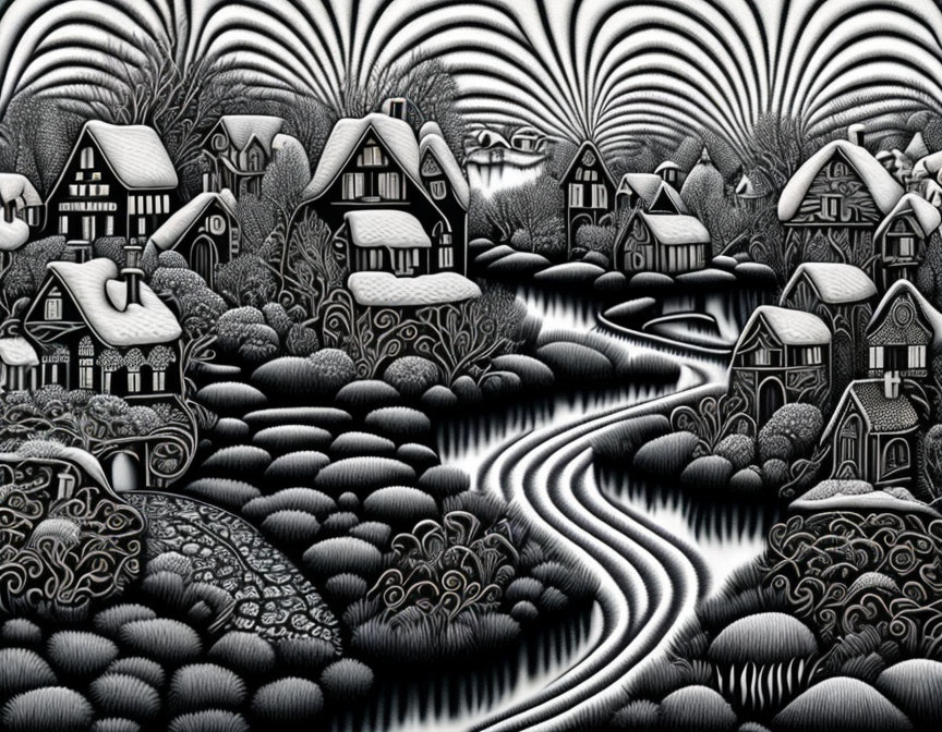 Surreal black and white illustration of stylized houses, rolling hills, rivers, and clouds