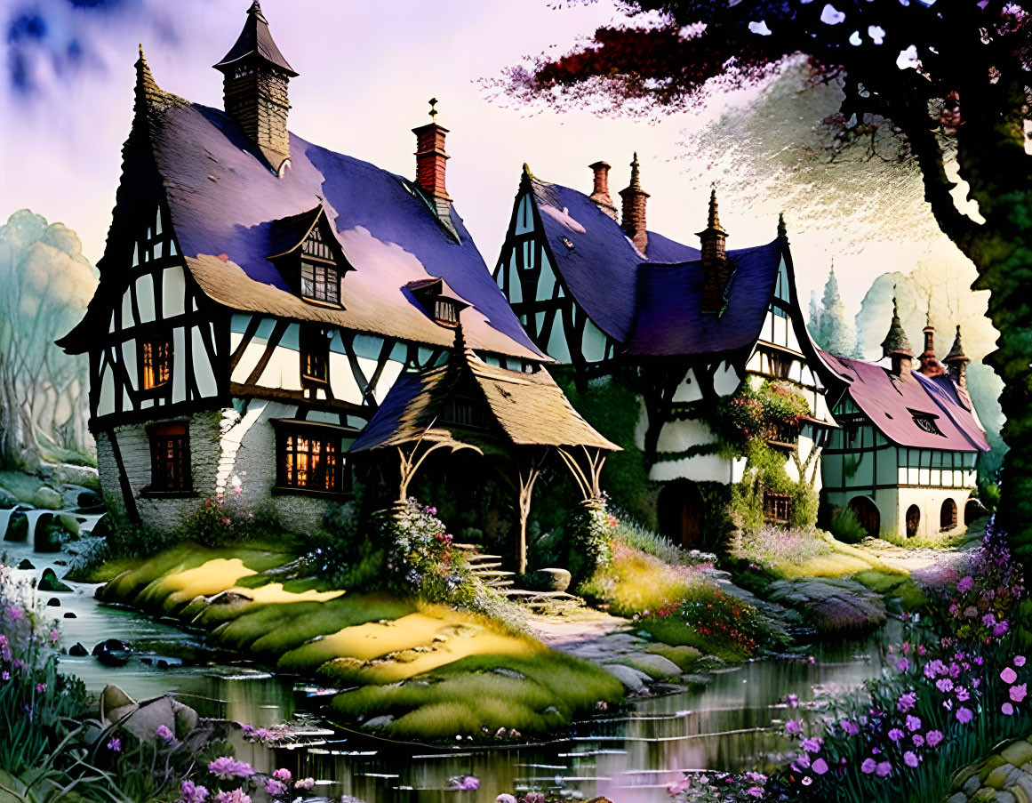 Illustration of Tudor-style cottages in lush landscape