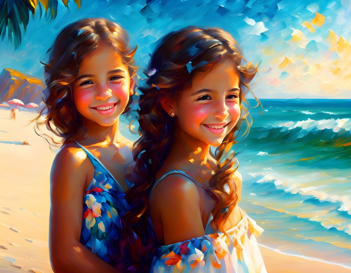 Smiling girls in floral dresses on sunny beach painting