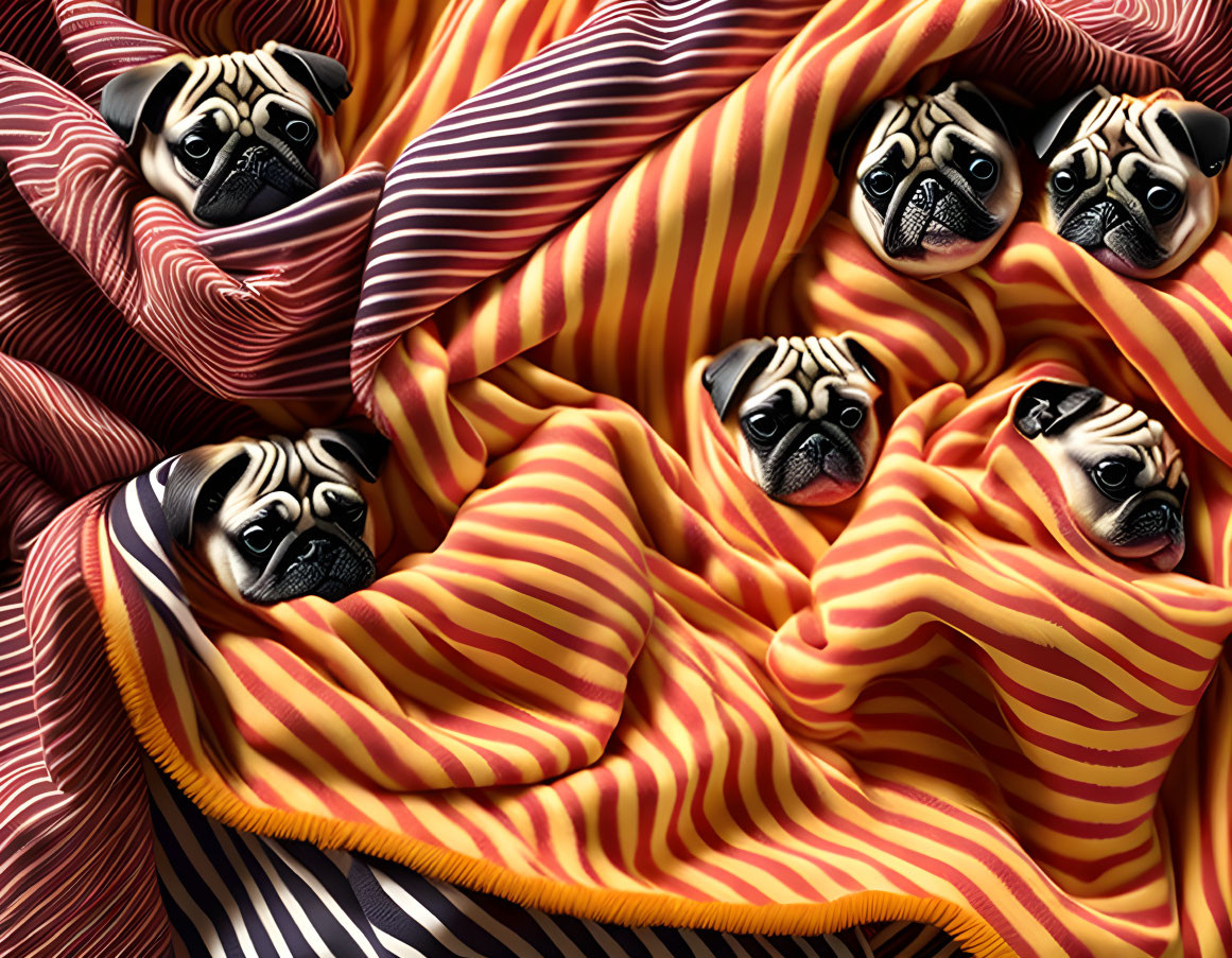 Pug faces in red and yellow striped fabric pattern