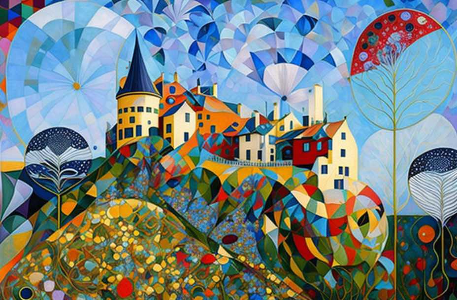 Colorful Abstract Painting: Geometric Landscapes, Houses, and Hot Air Balloons