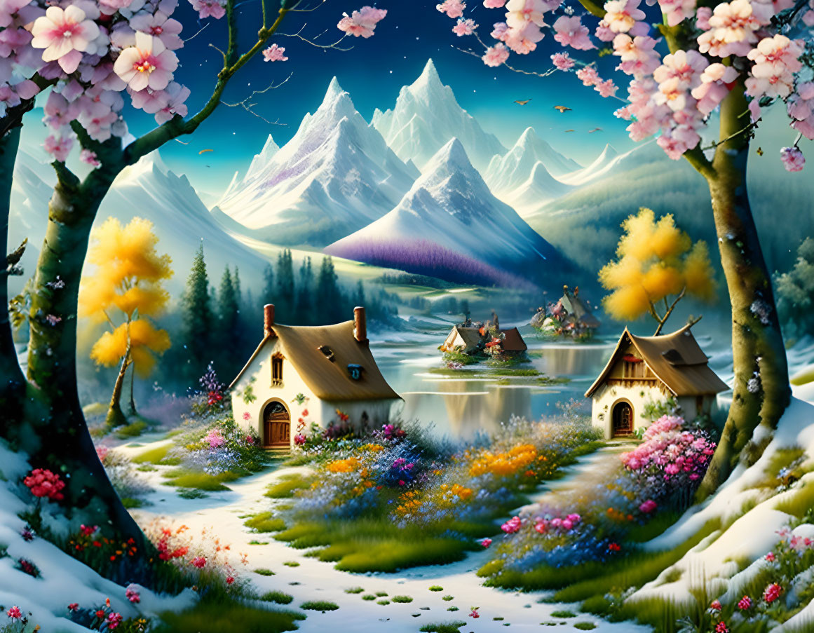 Fantasy landscape with blossoming trees, flowers, cottages, lakes, and snowy mountains