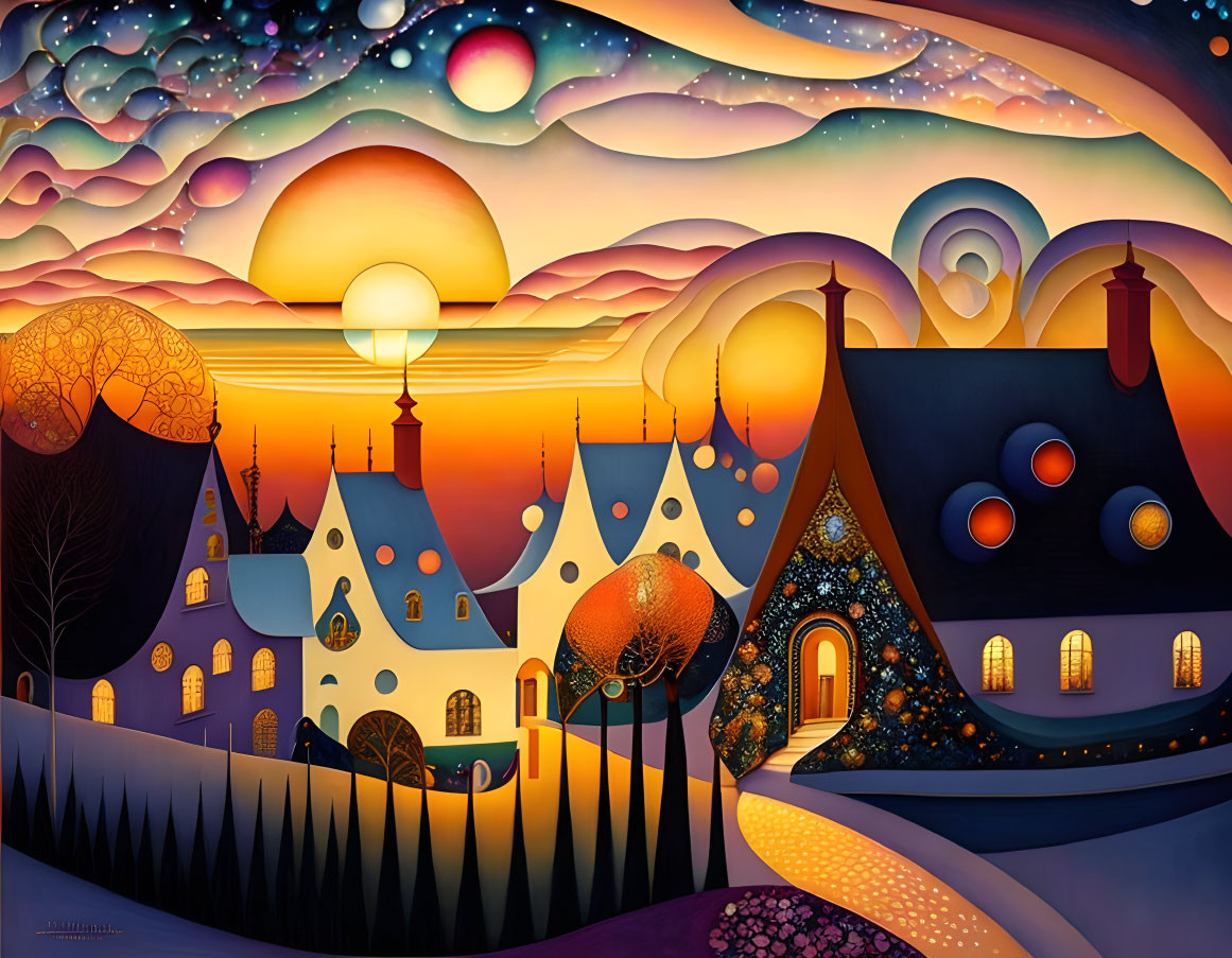 Colorful Stylized Village Painting with Swirling Sky and Setting Sun