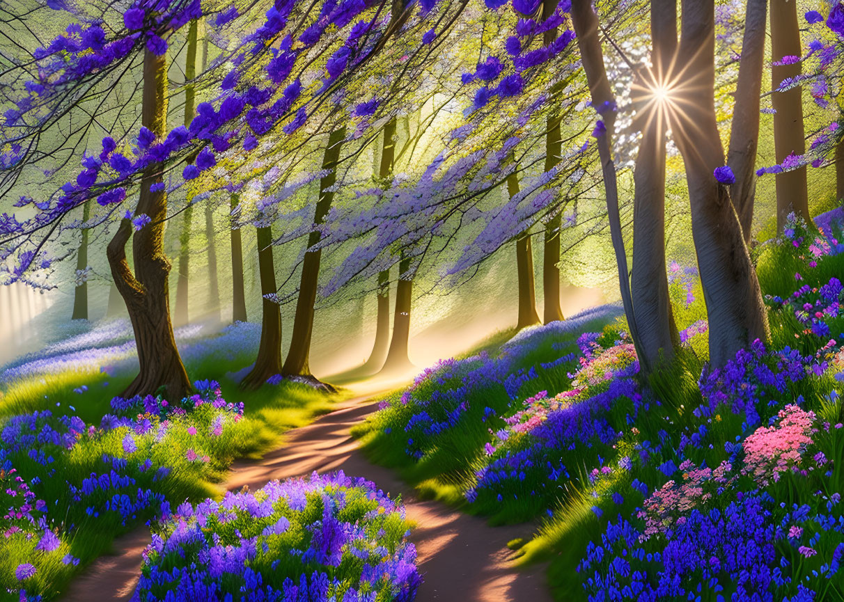 Vibrant forest with purple and pink flowers under sunbeams