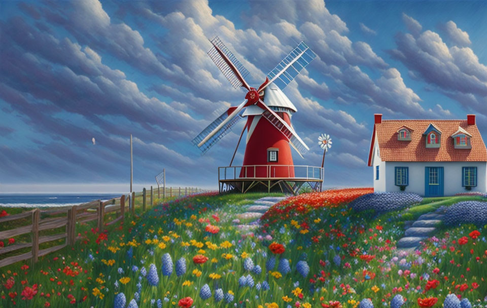 Colorful coastal painting: red windmill, white house, flower field