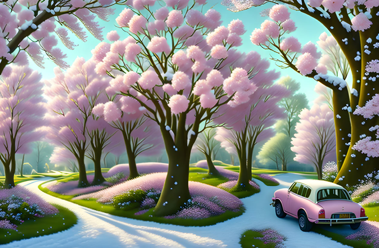 Pink vintage car under cherry blossoms on winding road with greenery & purple flowers