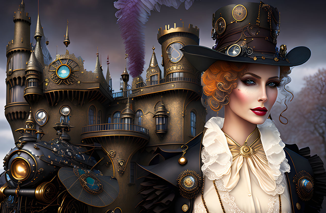 Illustrated steampunk scene with woman in top hat, mechanical castle, moody sky