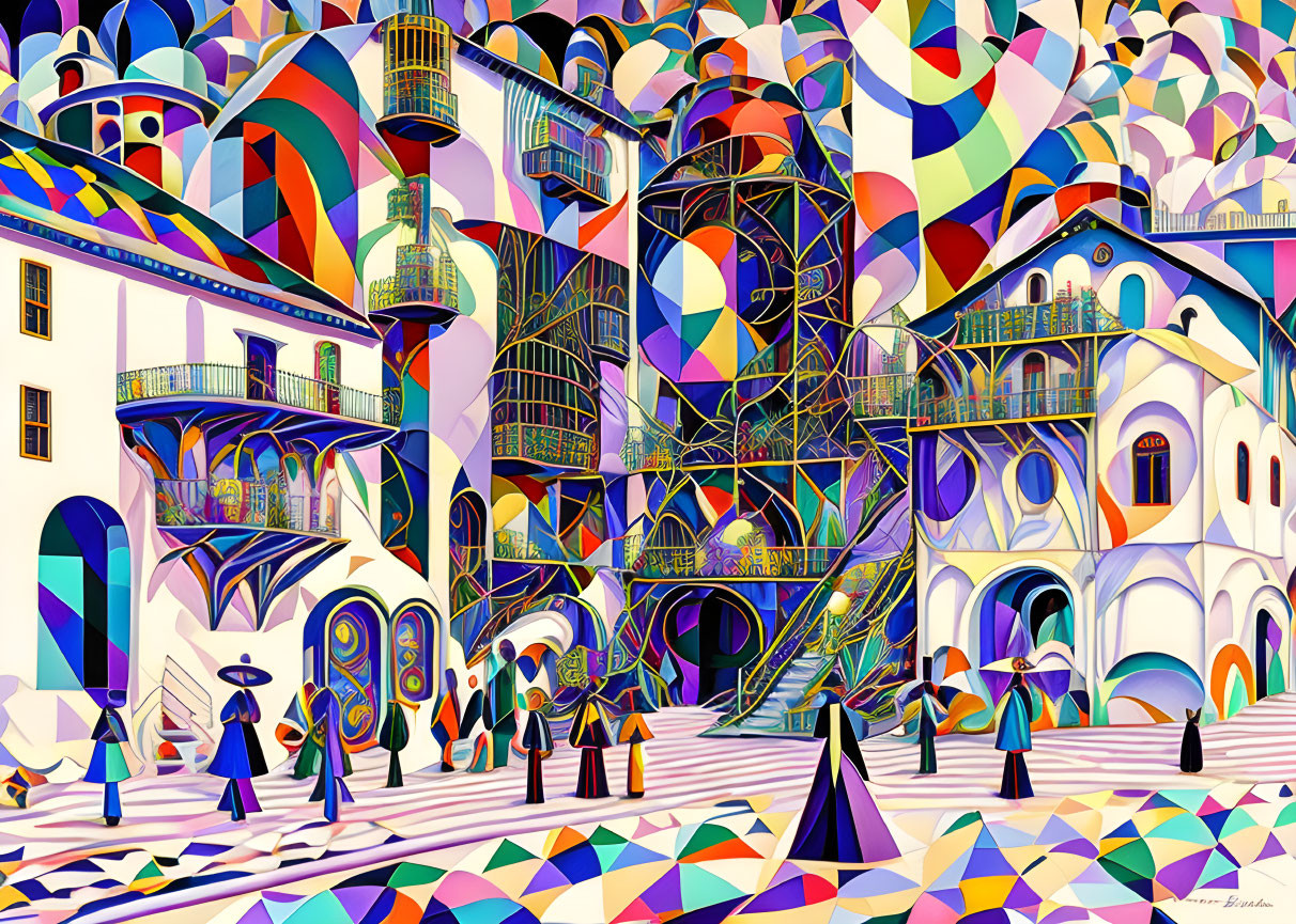 Colorful Abstract Painting of Kaleidoscopic Townscape