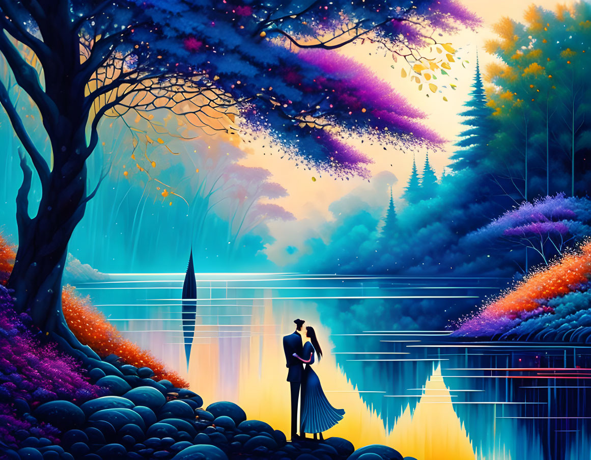 Couple Embraces in Vibrant Fantasy Lakeshore Scene