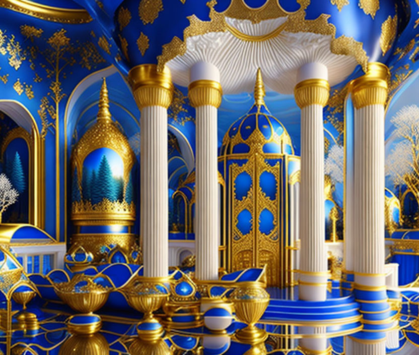 Luxurious Blue and Gold Room with Ornate Columns and Golden Trees