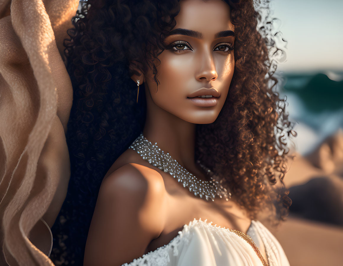 Curly-haired woman in beaded necklace, off-shoulder top by sea at sunset