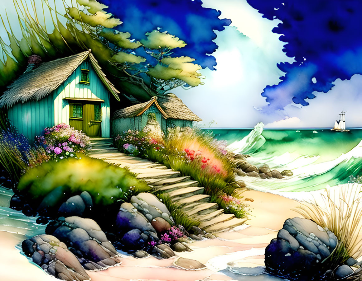 Vibrant seaside cottage illustration with thatched roof and crashing waves