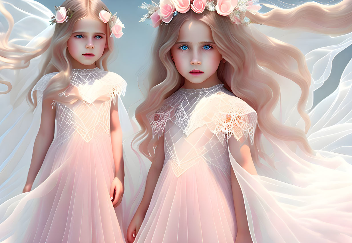 Ethereal girls with long wavy hair and blue eyes in pink dresses