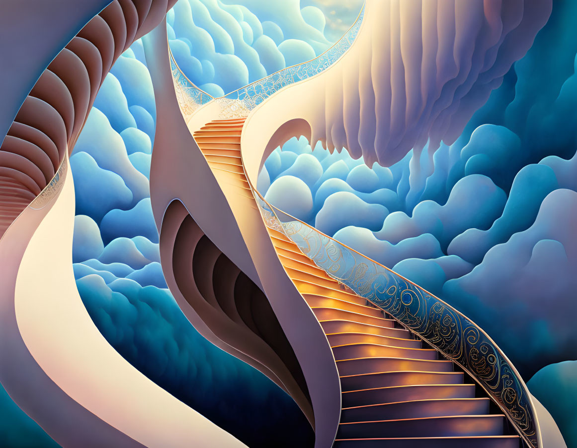 Surreal digital artwork: Winding staircase through clouds & ornate balustrades