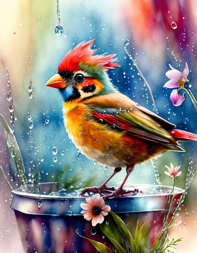 Vibrant Bird on Colorful Flower Pot with Water Droplets