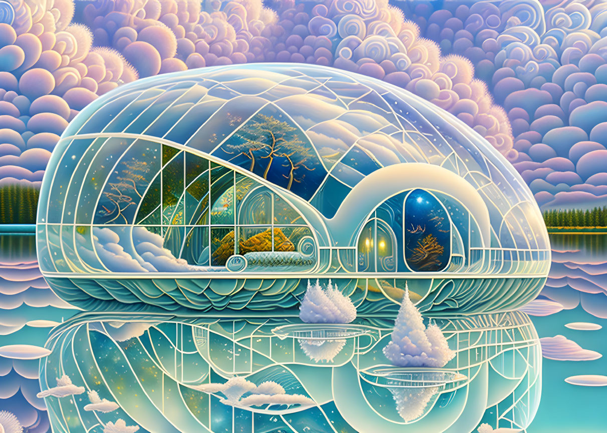 Surreal landscape with glass dome reflecting on water amid stylized trees and clouds