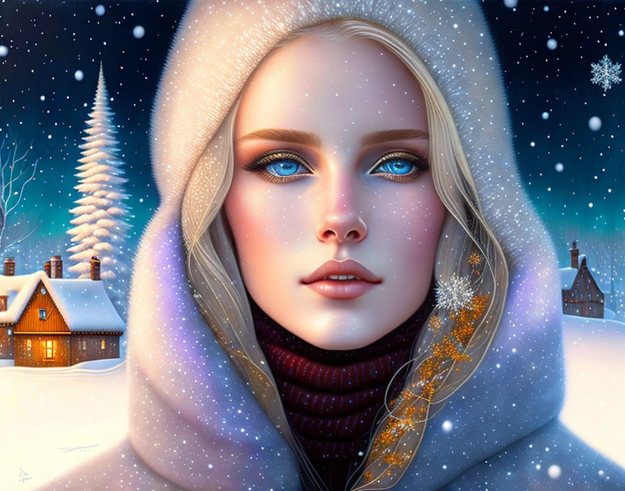 Digital artwork of woman with blue eyes in snowy village.