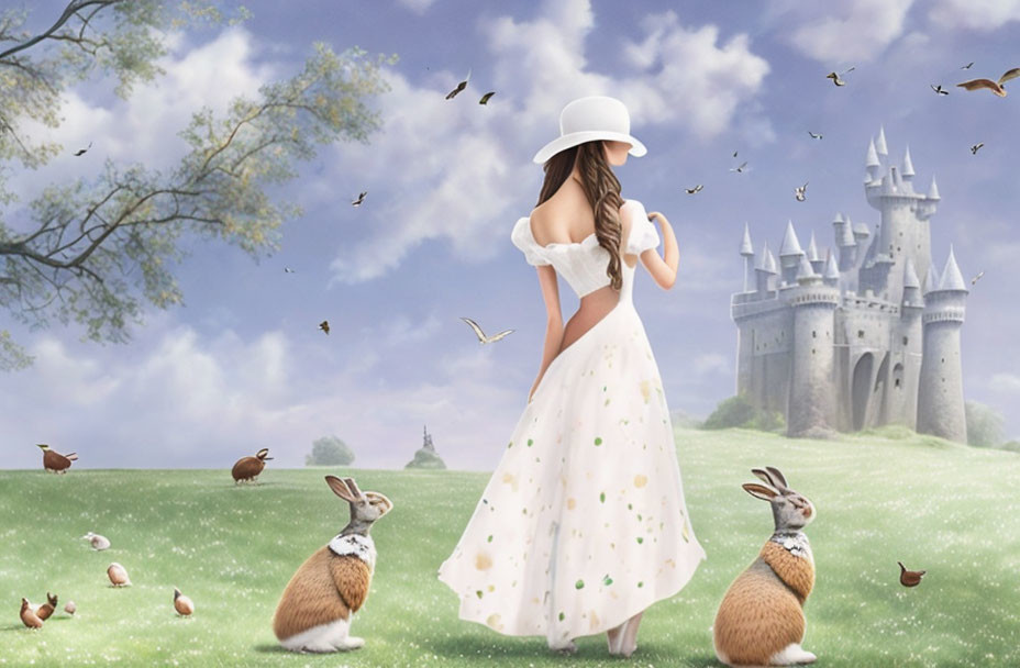 Woman in white dress and hat walking towards castle with rabbits and birds in pastoral landscape