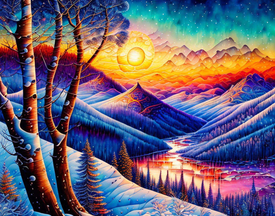 Colorful Winter Landscape Painting with Snowy Trees, River, Mountains, and Starry Sky