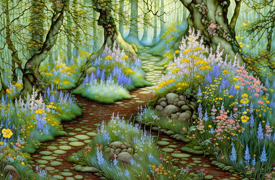 Colorful Fantasy Forest with Stone Path & Intertwining Trees