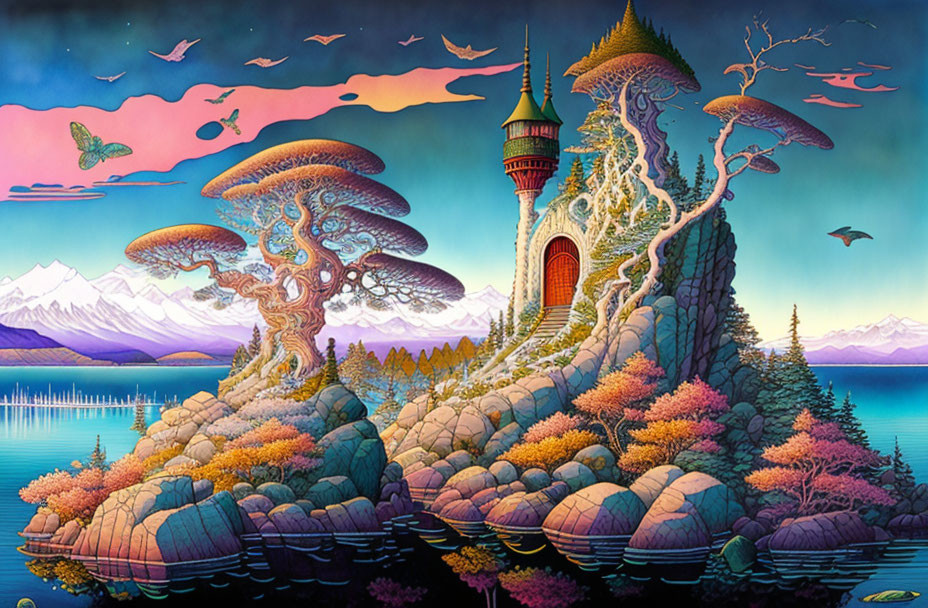 Colorful fantasy landscape: castle on cliff, vibrant trees, mountains, birds