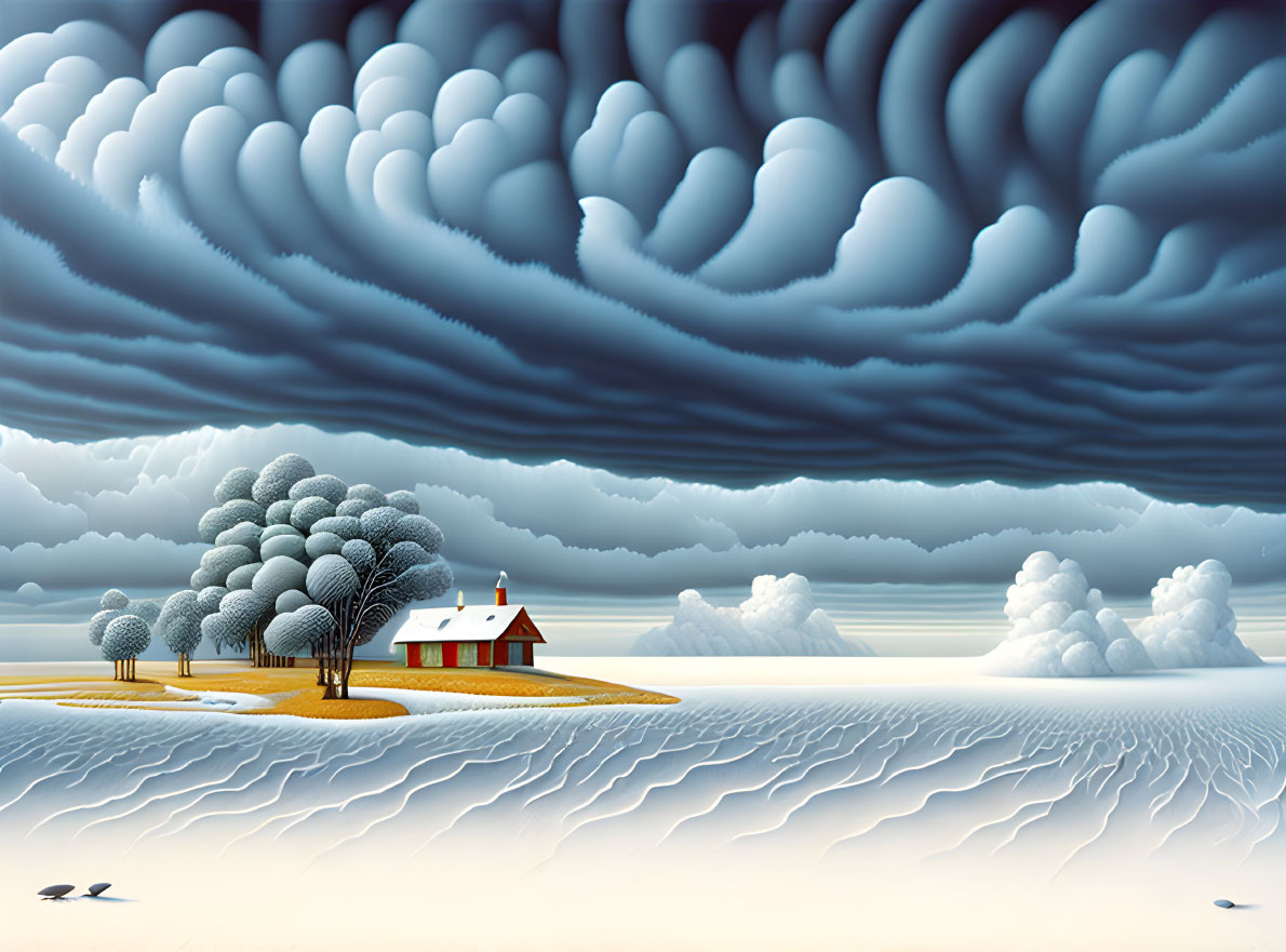 Surreal landscape with red-roofed house and stylized trees on striped field