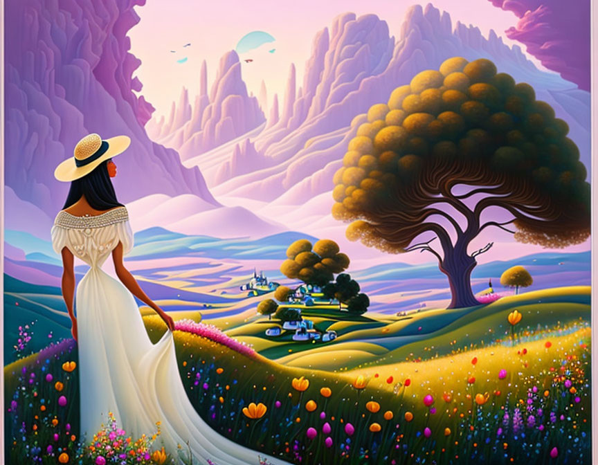 Woman in white dress and hat admires vibrant, fantastical landscape with colorful flora and floating islands.