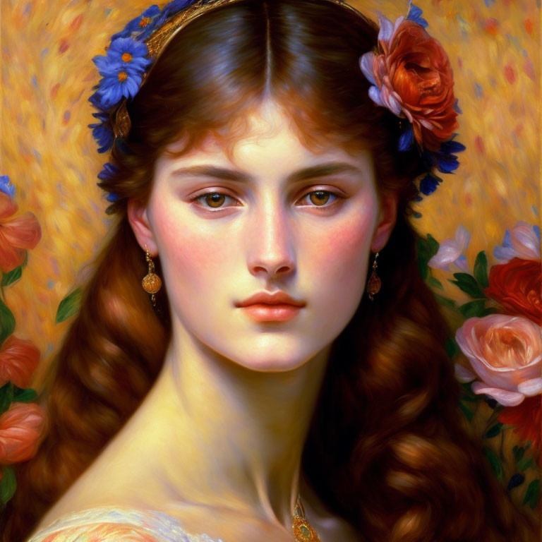 Detailed Painting of Young Woman with Flowers in Hair and Soft Gaze