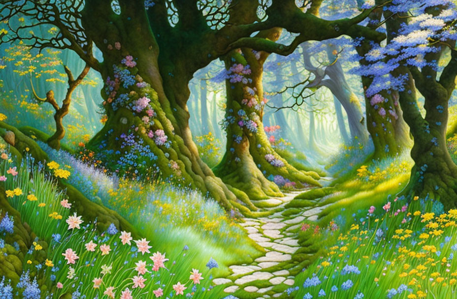 Enchanted forest path with blooming flowers and moss-covered trees