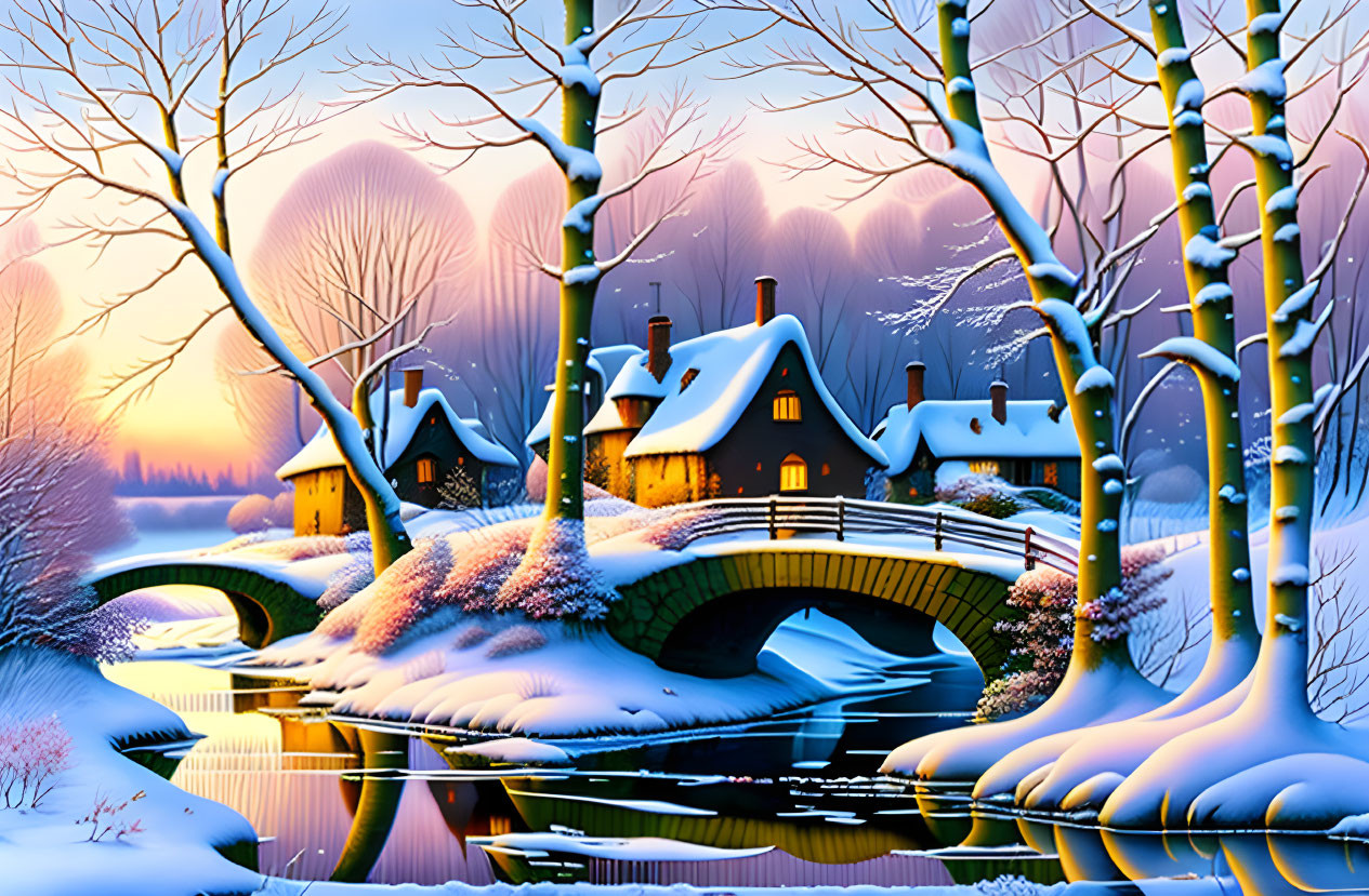 Snow-covered trees, cottage, stone bridge, frozen river, warm sunset