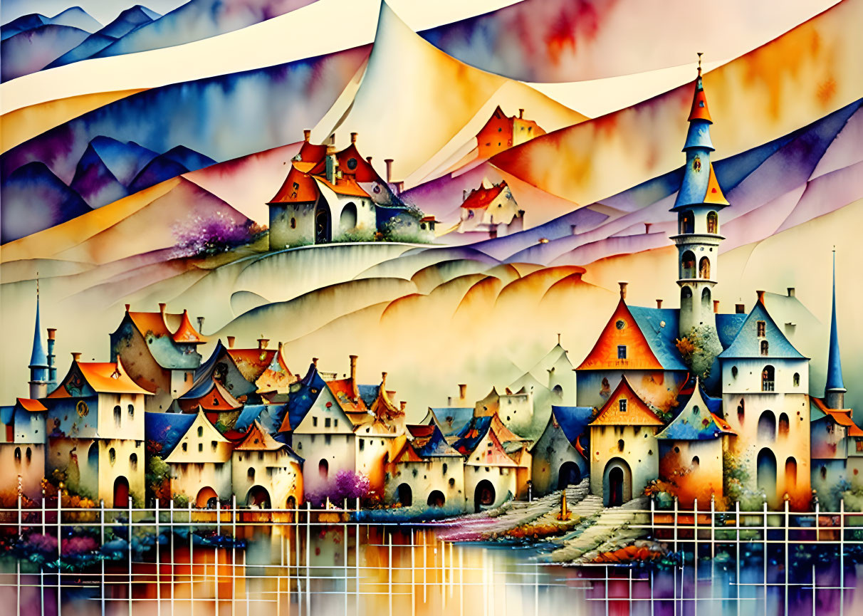 Colorful Fantasy Village Painting Among Hills and Water