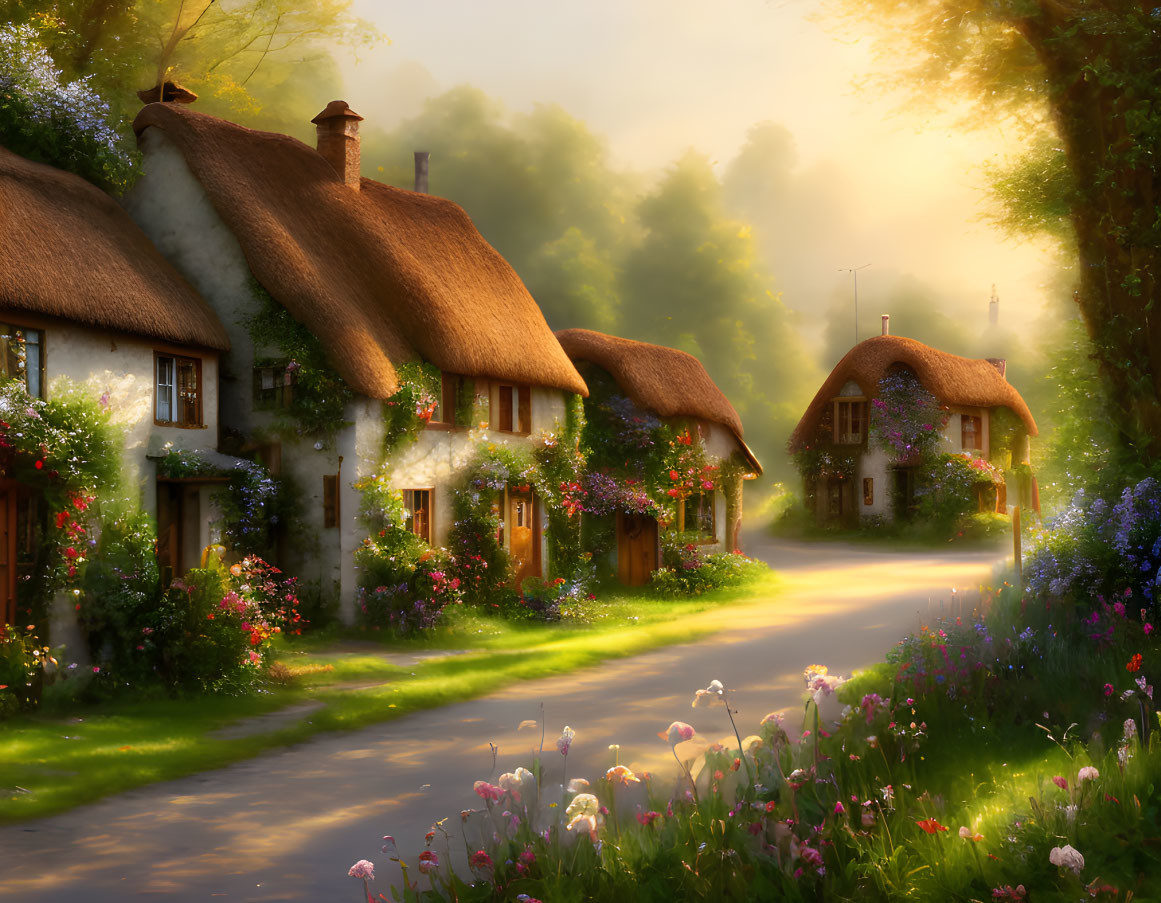 Thatched-Roof Cottages Among Vibrant Flowers at Sunrise